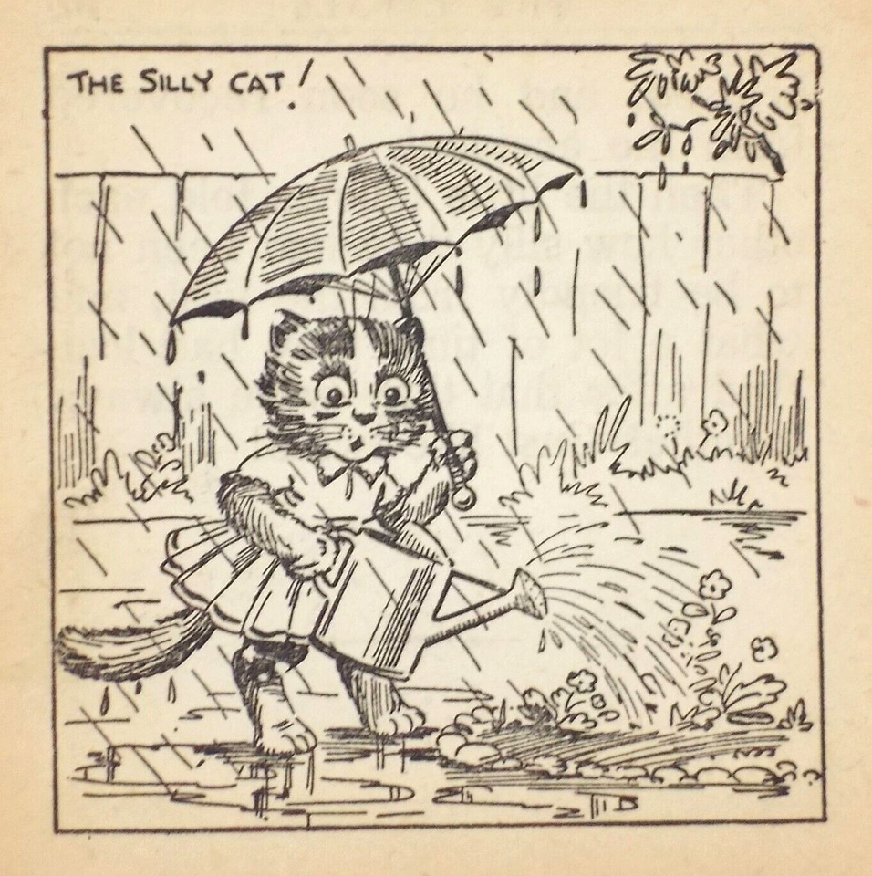 Louis Wain illustration with: 1915, 1subject, black_and_white, caption, cat, cat:tuxedo, clothes, flower, frightened, garden, humanised, meta:disputable, meta:has_source, outdoors, rain, umbrella