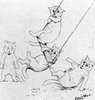 Naughty cats playing on a swing
