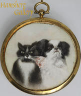 Tondo Ivory Miniature in Watercolour of a Pampered Cat and Japanese Chin