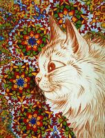 Cat with flower background (crayon & gouache on paper)