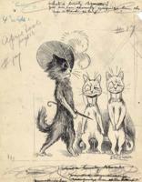 A lady cat walking past two monocled gentleman cats