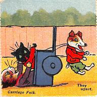 4710 - 3panel 3subjects caption cart cat cat_calico clothes color_black color_brown dog humanised injury meta_needscrop outdoors profile riding signature smiling unhappy