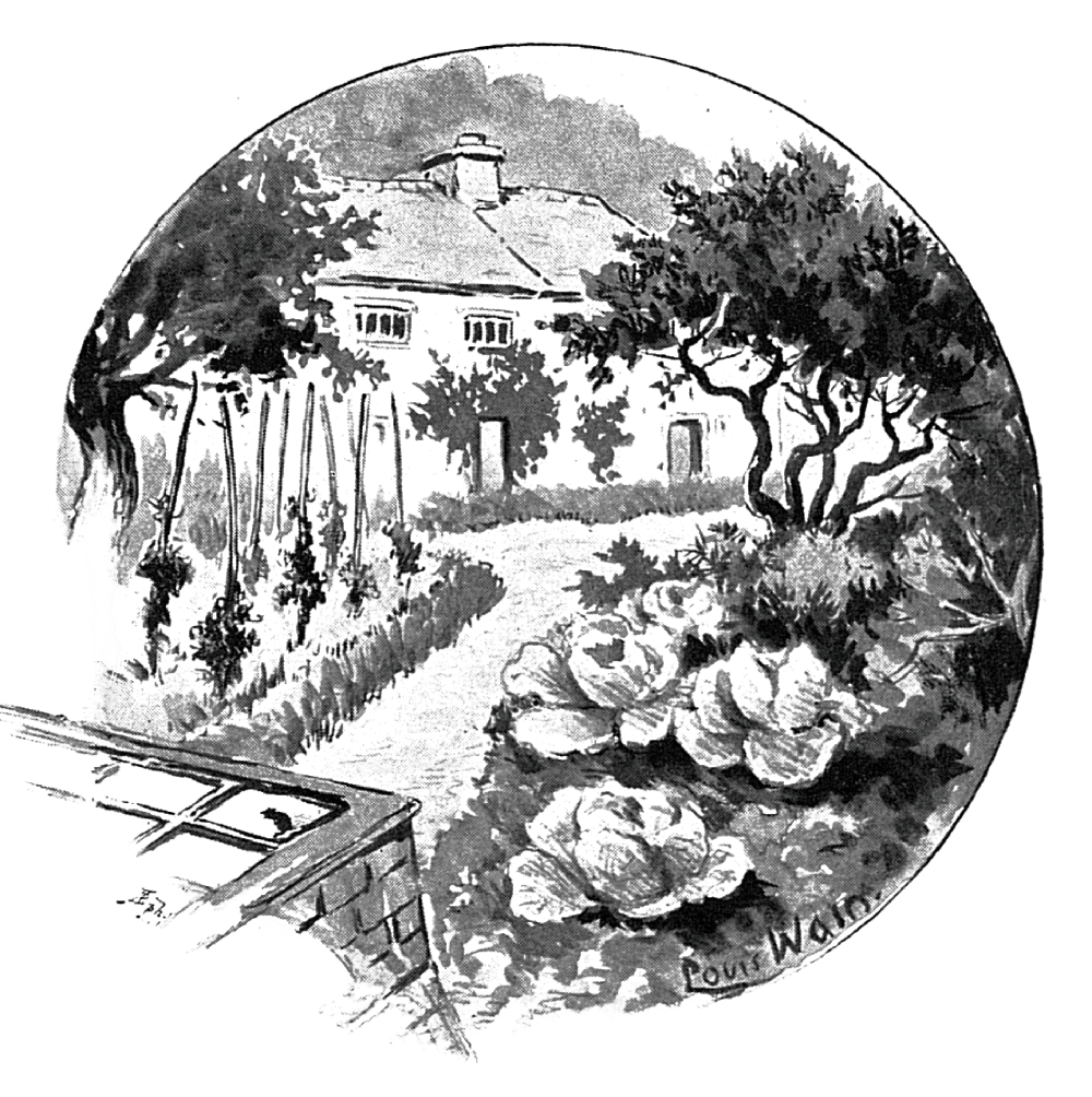 A scenic illustration of a garden.