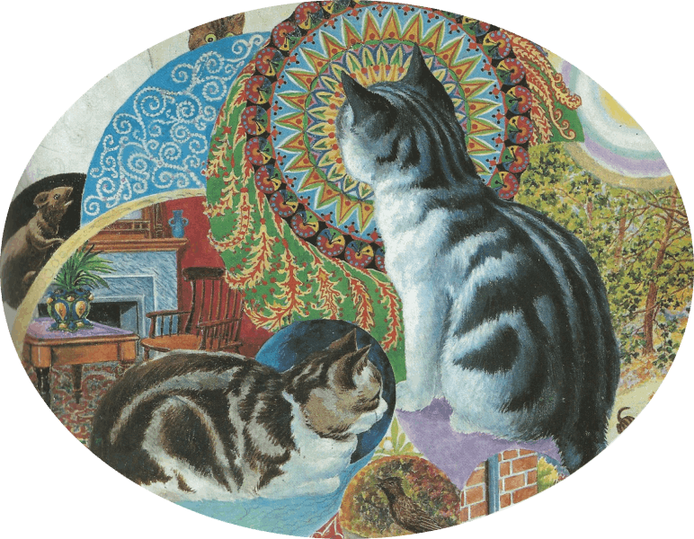 Two cats surrounded by psychedelic imagery.