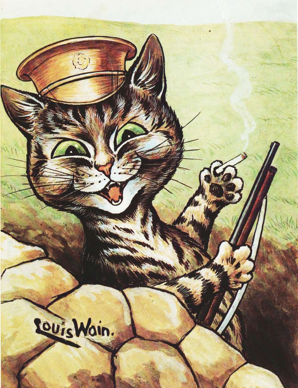 One of Wain's illustrations relating to world war one, depicting a soldier cat on the lines.