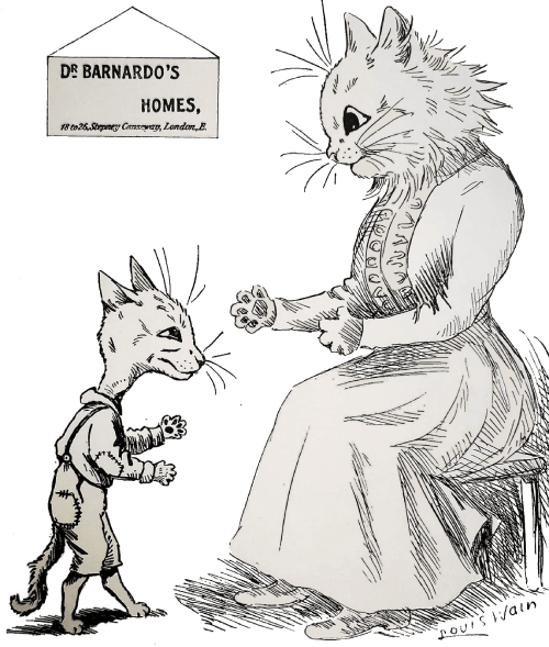 A cat welcoming a starving kitten to Dr. Barnardo