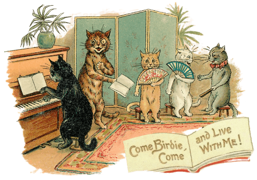 A postcard with cats playing Come Birdie Come on piano