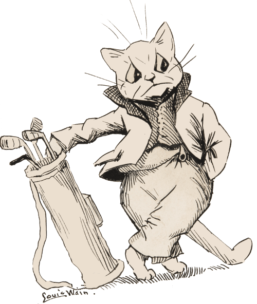An illustration of a cat with a golfbag