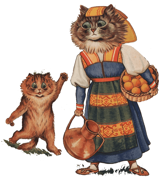 A Wain cat holding a basket of oranges, being pestered by a kitten
