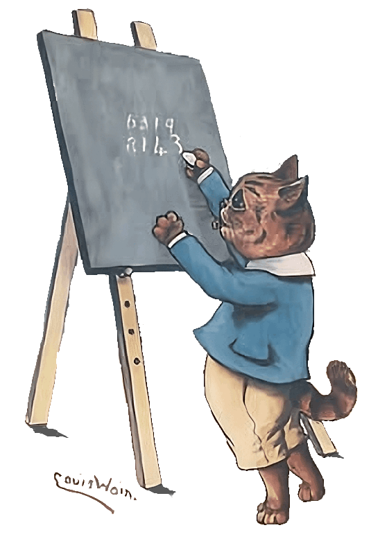 A cat in school drawing on a chalkboard