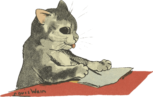 A drawing of a black cat sitting beside a sprawling pile of notes